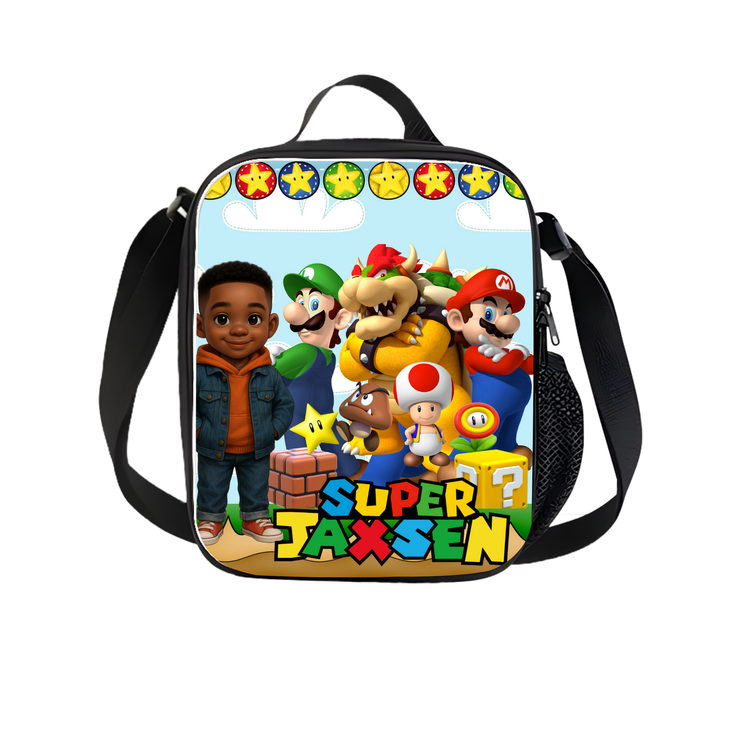 Super Jaxsen – Mario-Inspired Custom Backpack, Lunch Bag & Pencil Case Set