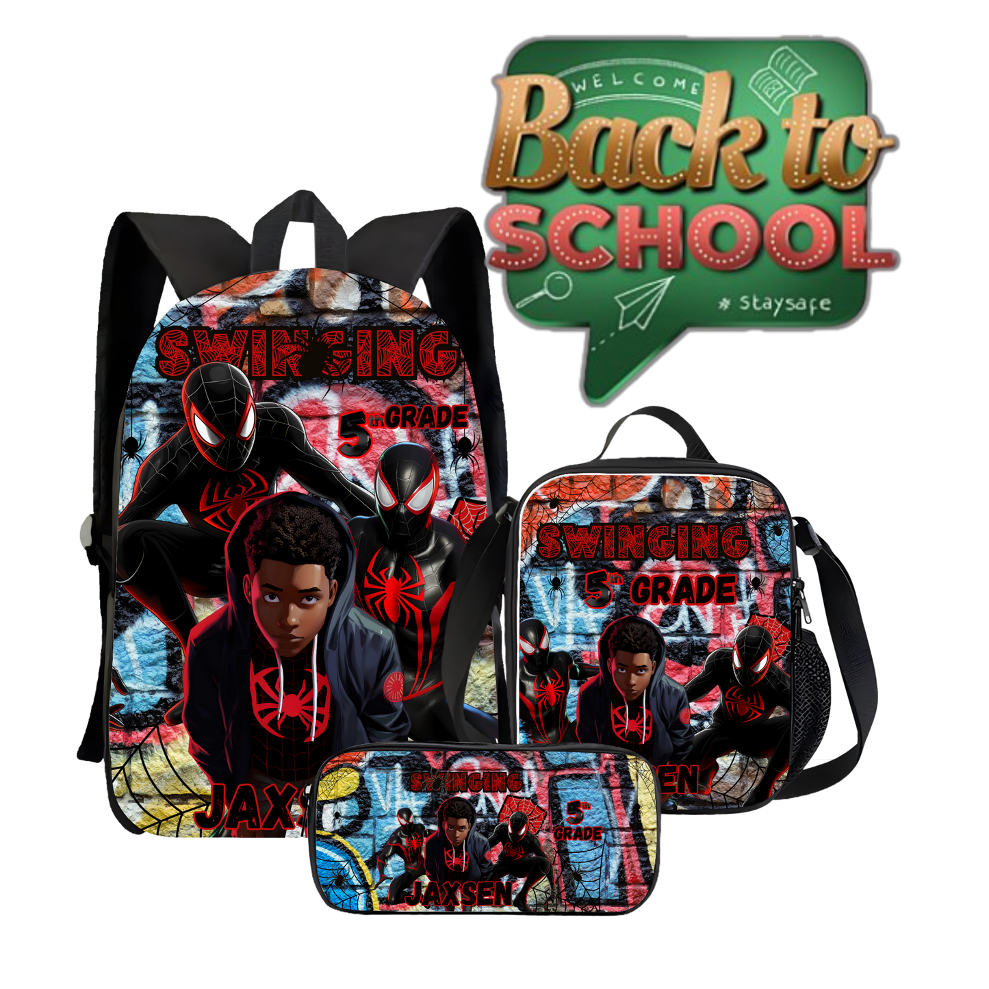 Swinging into 5th Grade – Custom Superhero Backpack, Lunch Bag & Pencil Case Set