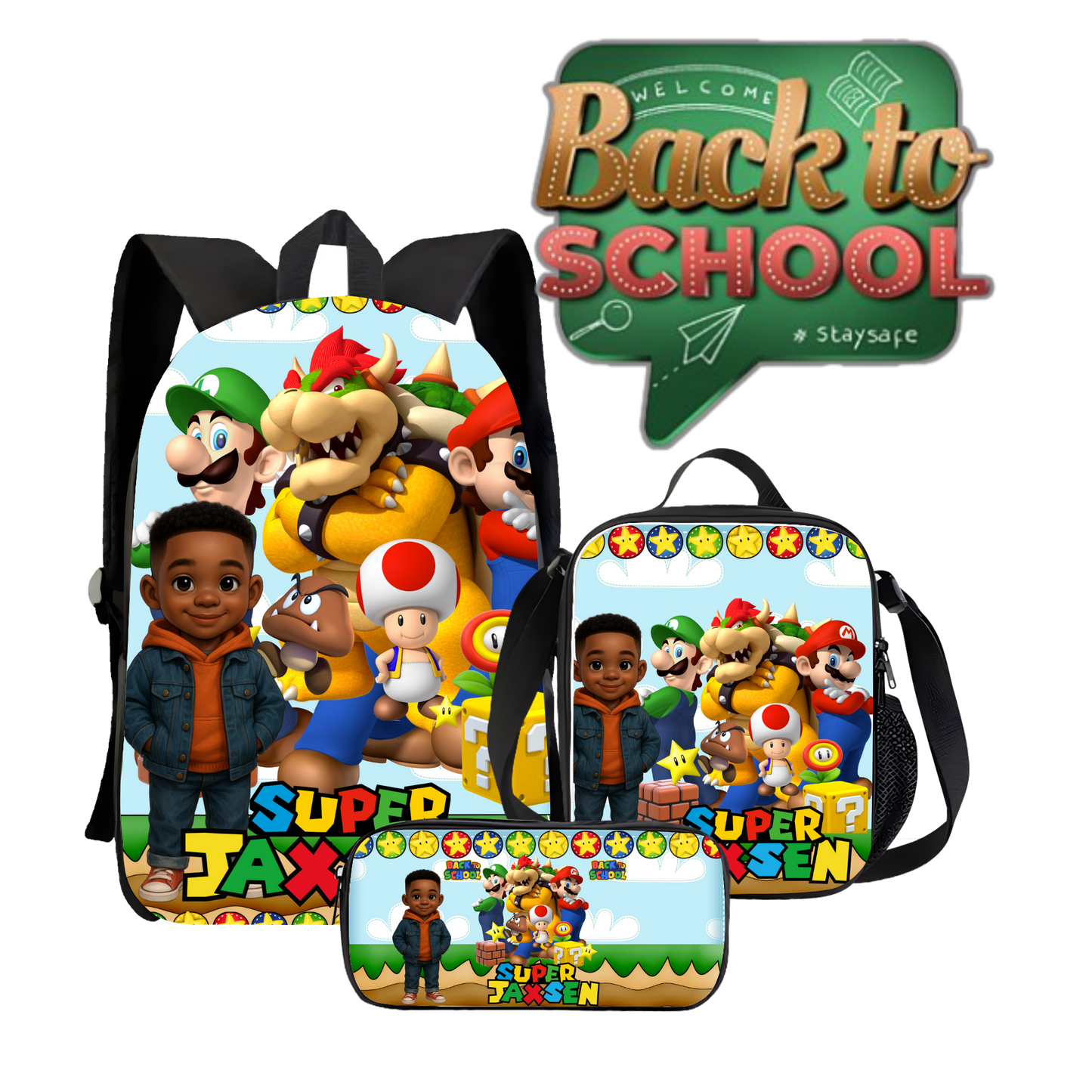 Super Jaxsen – Mario-Inspired Custom Backpack, Lunch Bag & Pencil Case Set