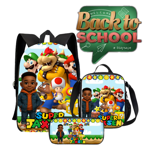 Super Jaxsen – Mario-Inspired Custom Backpack, Lunch Bag & Pencil Case Set