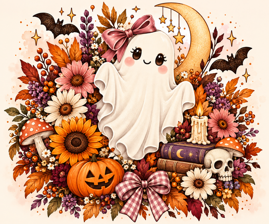 Feminine Halloween ghost with cottagecore autumn florals on a soft cream blush background