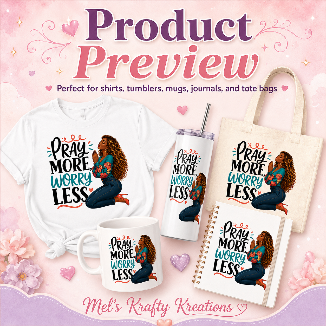 Pray More, Worry Less PNG – African American Faith Girl Digital Download
