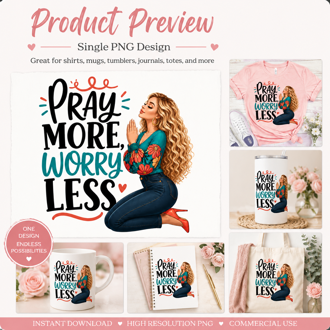 Pray More, Worry Less PNG – Caucasian Faith Girl Digital Download