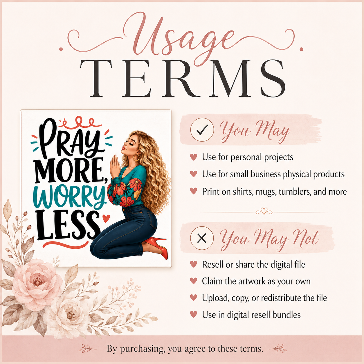 Pray More, Worry Less PNG – Caucasian Faith Girl Digital Download