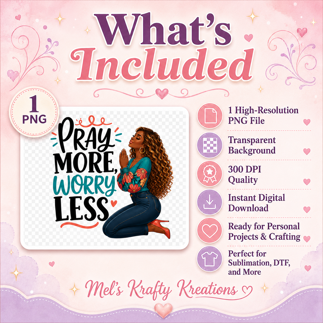 Pray More, Worry Less PNG – African American Faith Girl Digital Download